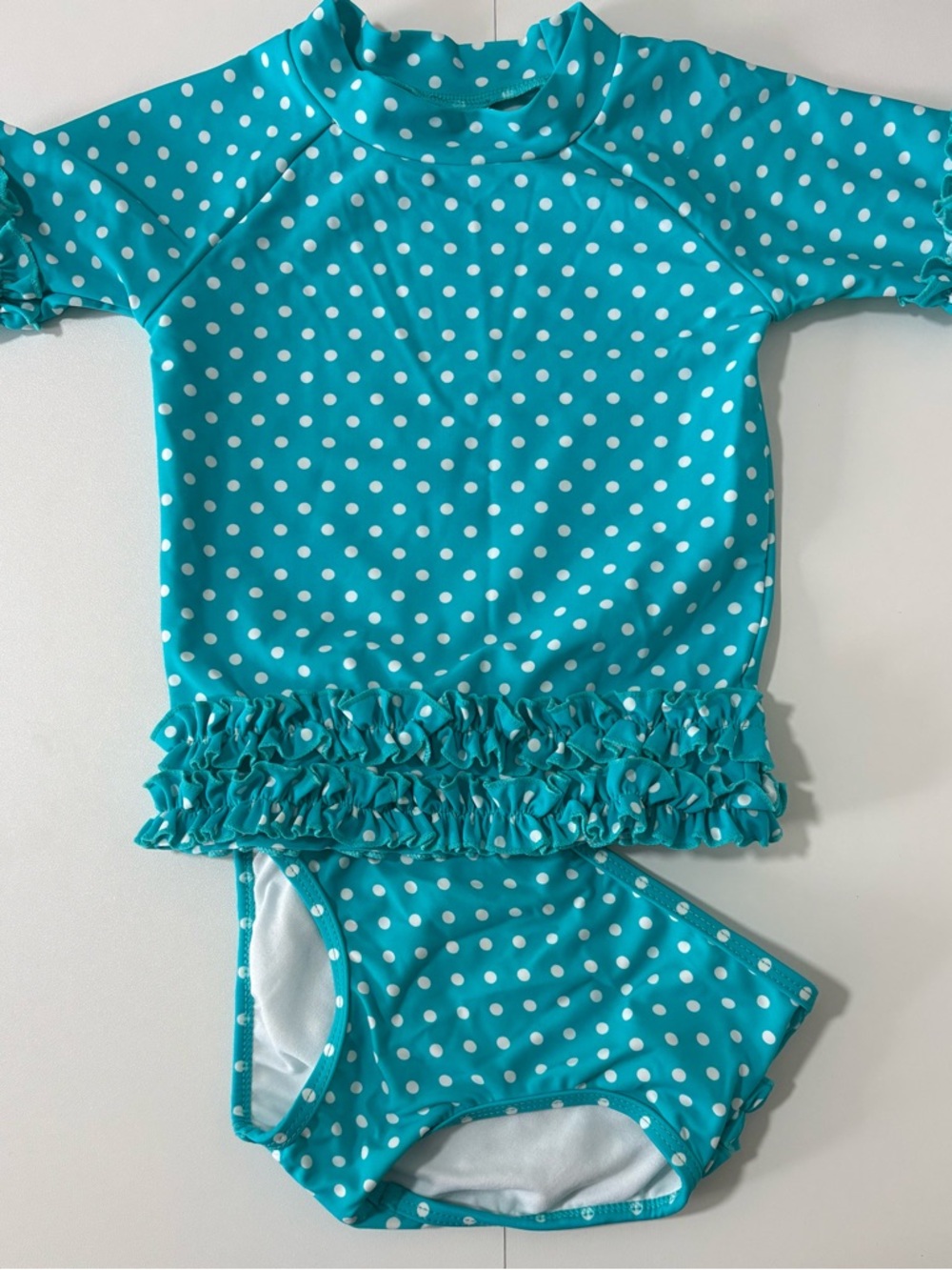 RuffleButts 3T Teal Polka Dot Ruffle Swimsuit Set Rash Guard